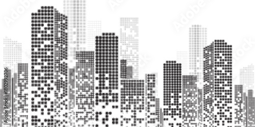 Abstract black and white cityscape made of dissolving digital pixels on a white background, representing a modern metropolis.