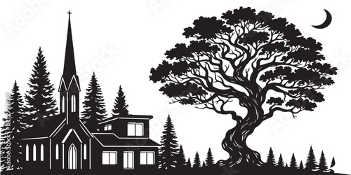 A black and white silhouette illustration of a rural church and a large gnarled tree under a crescent moon at night.