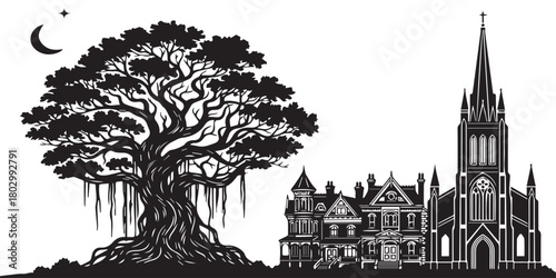 A spooky black and white silhouette of a large banyan tree next to a Victorian mansion and a Gothic church under a crescent moon.