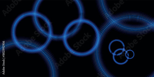 Abstract digital art of overlapping glowing blue rings with wave patterns on a black background.
