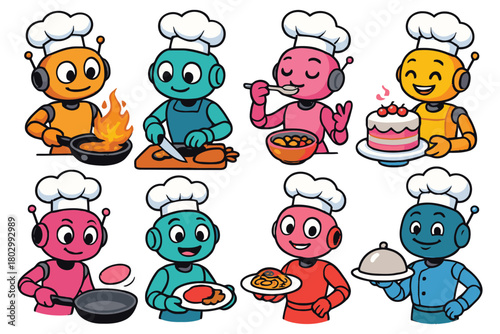 A collection of eight colorful, cartoon chef robots engaged in various cooking and serving activities, showcasing culinary creativity and fun.