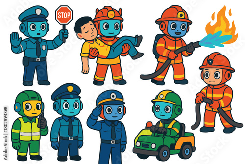 A vibrant collection of cartoon characters representing various emergency services and safety professions, including police, firefighters, and construction workers.