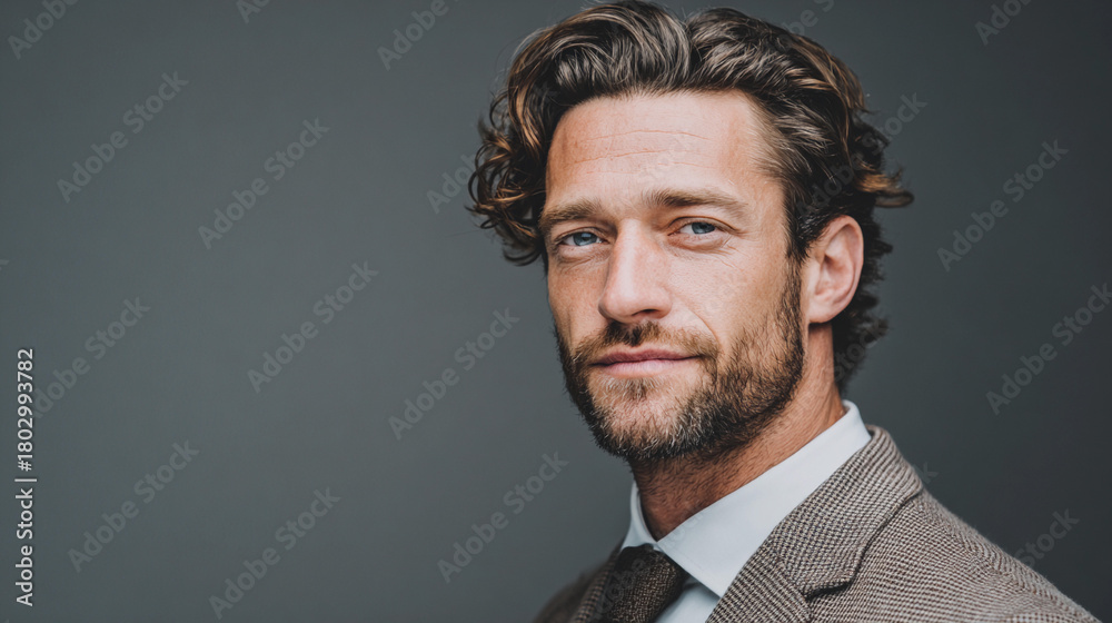 Fototapeta premium Handsome man in a suit posing confidently against a neutral backdrop