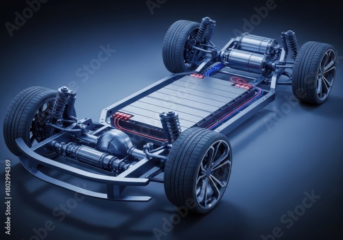 Electric car chassis with battery pack and dual motors, detailed view. Car chassis blue studio background