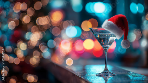 Glass of martini with a festive Santa hat 
