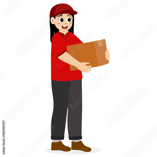 Delivery courier woman in red uniform holding cardboard package box. Safe delivery of goods concept. Delivery service concept. Courier with the parcel. vector illustration