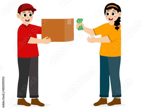Delivery courier man in red uniform holding cardboard package box. Safe delivery of goods concept. Delivery man shipment package boxes to receiver to home. Delivery service concept