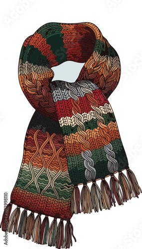 A vibrant, multicolored winter knitted scarf with intricate patterns and tassel fringes, displayed against a clean white background.