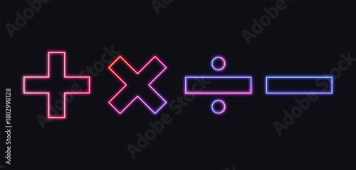 Neon glowing mathematical symbols for addition multiplication division and subtraction on a dark background