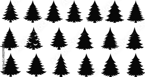 Black pine tree silhouettes, forest icon set, nature graphic elements, evergreen tree shapes, unique tree puzzle, minimal woodland design
