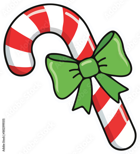 Cartoon candy cane with a festive green ribbon bow