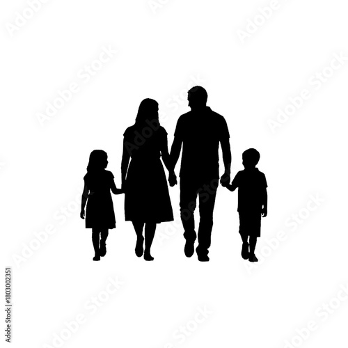 Silhouette of a family walking together holding hands on a white background in a simple illustration
