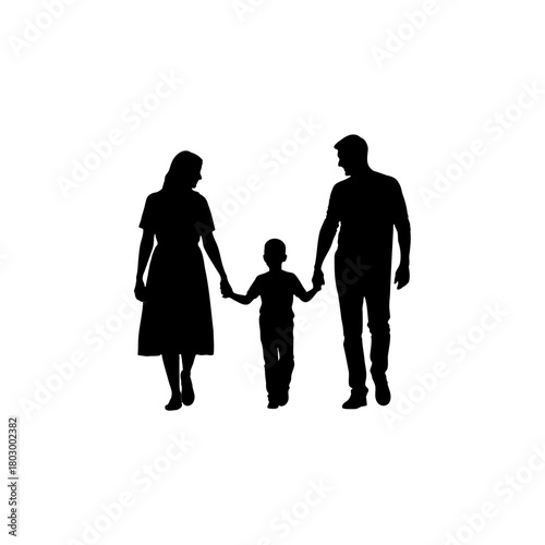A silhouette of a family walking together holding hands on a white background in a simple black and white image