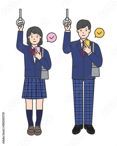 つり革につかまる制服姿の女子学生と男子学生のイラスト素材