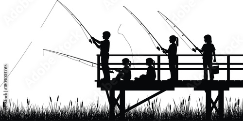 Black silhouette vector of a group of children fishing from a wooden pier, boys and girls holding rods over water.