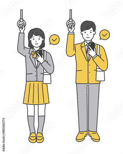 つり革につかまる制服姿の女子学生と男子学生のイラスト素材