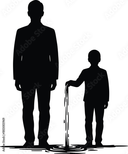 Black silhouette vector illustration of a father and son standing together with the child pouring water on the ground.