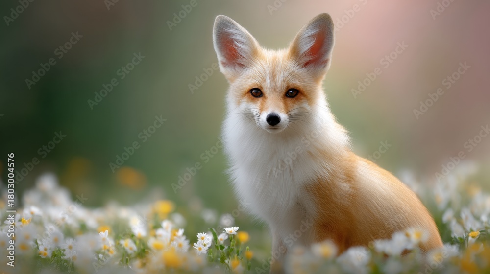 Obraz premium Adorable young fox with large ears sitting among colorful wildflowers in a serene natural setting, captivating wildlife photography for nature lovers