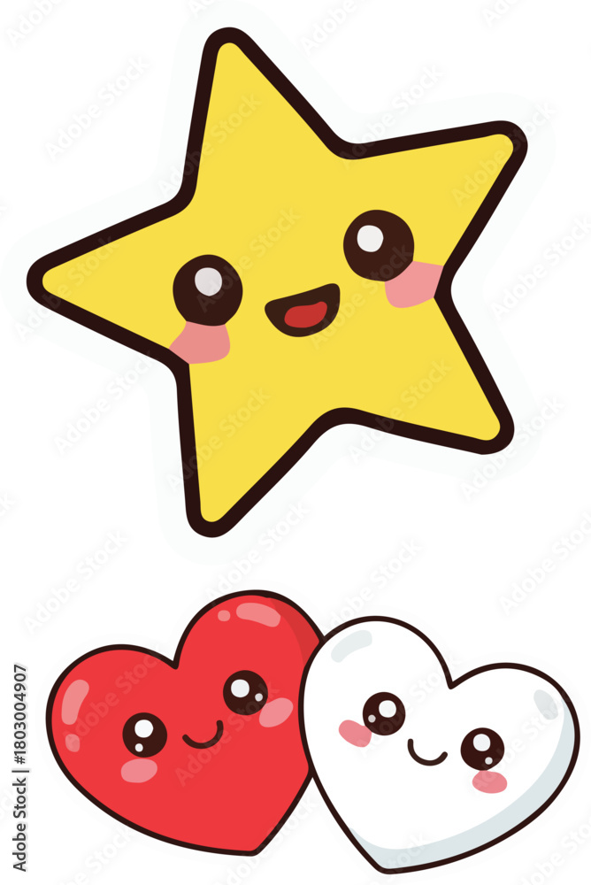 Fototapeta premium Kawaii smiling star with cute red and white hearts set