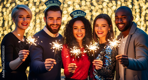 Group of multicultural friends celebrating New Year’s Eve, holding sparklers and smiling, golden bokeh background — festive lifestyle concept.