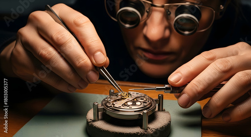 Artisan's Precision: A skilled artisan meticulously works on a delicate watch mechanism with focused attention, showcasing the dedication to precision and craftsmanship