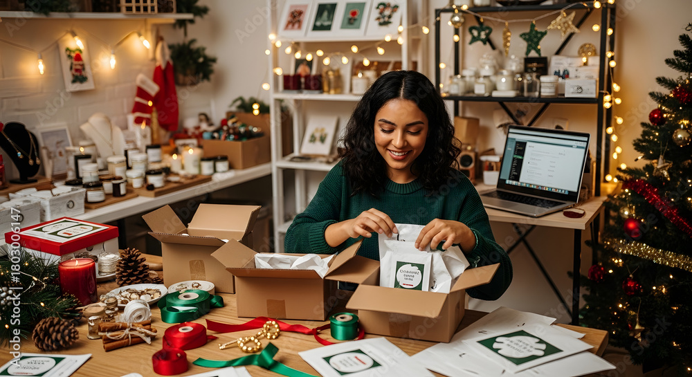 Fototapeta premium Small business owner packaging holiday orders in a home studio with Christmas décor — concept of entrepreneurship during holidays.