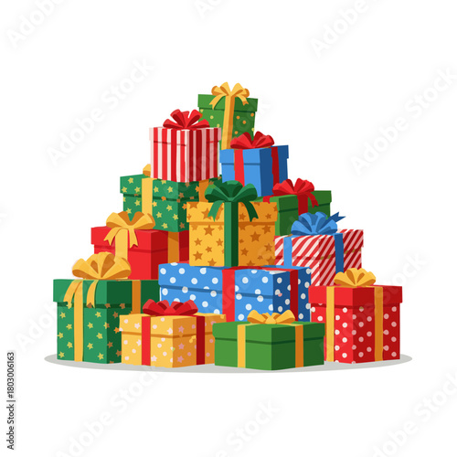 Colorful pile of wrapped presents with ribbons on white background  