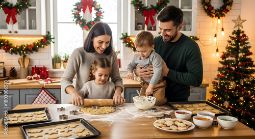 Family baking cookies together in a cozy kitchen decorated for Christmas — joyful family moment concept.