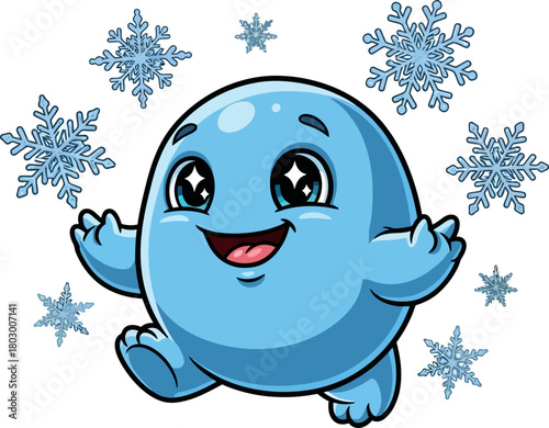whimsical blue creature celebrates winters magic amidst a snowflake flurry