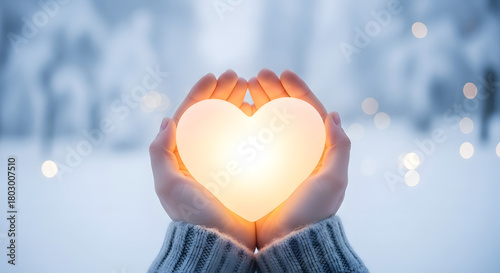 Hands holding a glowing heart-shaped light in front of a soft snowy background — kindness and holiday spirit concept.