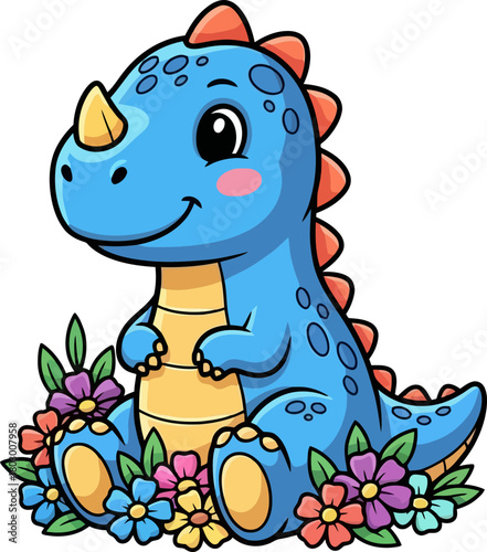 sweet young dinosaur finds delightful sanctuary, grinning amongst vibrant garden petals