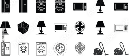Collection of household appliance icons featuring refrigerators, washing machines, microwaves, table lamps, electric fans, and vacuum cleaners, modern home equipment vector illustration set