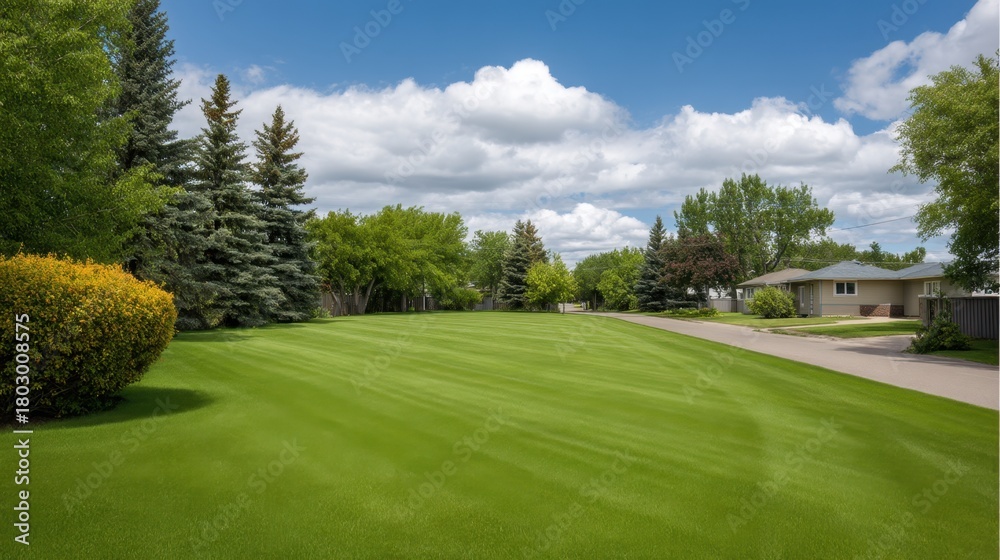 Obraz premium Lush Green Lawn Surrounded by Tall Trees and Residential Houses Under Blue Sky with Fluffy Clouds in a Peaceful Neighborhood Setting
