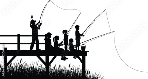 Black silhouette vector of a group of children fishing from a wooden pier, summer outdoor recreation concept.