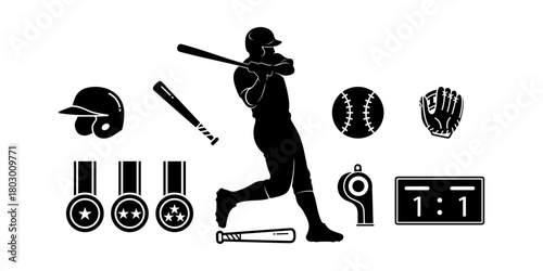 A vector collection of baseball sports icons, including a player silhouette, bat, ball, glove, helmet, medals, and scoreboard for design elements