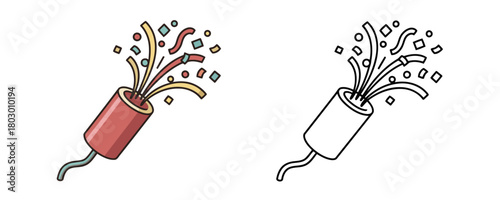 Stylized line art illustration of a party popper exploding with colorful confetti and streamers, shown in both flat color and black outline versions on a white background, for celebration and holidays
