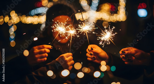 Hands holding sparkler lights in front of bokeh background — New Year celebration vibe.