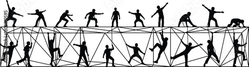 Black silhouette vector of active people climbing and balancing on a geometric truss structure, depicting obstacle course and teamwork.