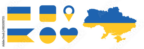 Ukraine flag. Flag of Ukraine. National symbol. Square, round and heart shape. Ukrainian flag symbol.