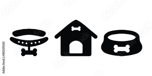 Dog Accessories Icon Set. Collar, Dog House Food Bowl Vector