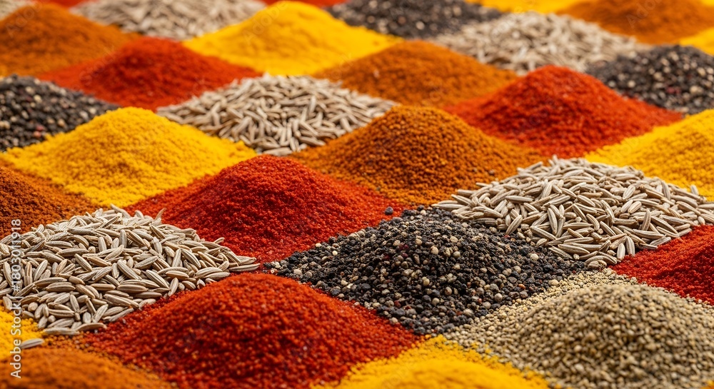 Fototapeta premium Assorted Spice Powder Mounds Create Vibrant Colorful Culinary Pattern Background