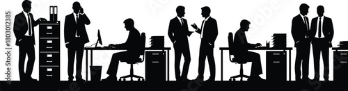 Black silhouette vector of businessmen working in an office, sitting at desks, talking, and standing near filing cabinets.