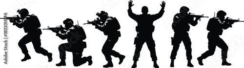 Black silhouette vector of military soldiers aiming rifles and arresting a surrendering man with hands up, combat mission concept.