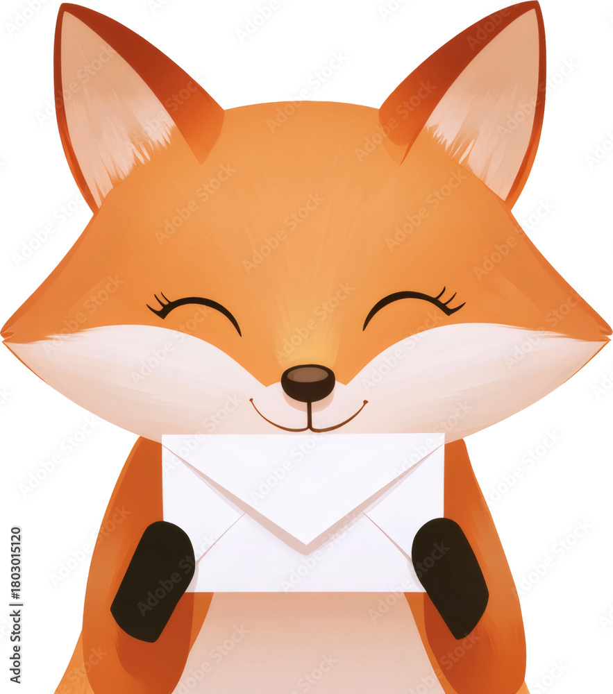 Naklejka premium Cute cartoon fox holding a white envelope, smiling with eyes closed, transparent background