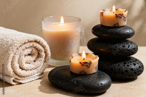 Spa relaxation scene with candles, towels and zen stones, ideal for wellness visuals, massage ads, meditation backgrounds and calming lifestyle content.