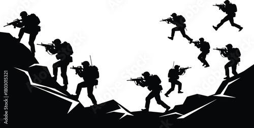 Black silhouette vector of military soldiers climbing rocky mountains with rifles, depicting a tactical combat mission and war operation.