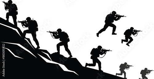 Black silhouette vector of military soldiers climbing a steep mountain with rifles, depicting a tactical combat mission and war operation.