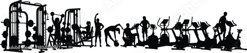 Black silhouette vector of people working out in a gym using weights and cardio machines, fitness concept.