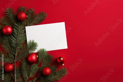 Christmas fir branches and red ornaments lying on a vibrant red background, framing a blank white greeting card with copy space