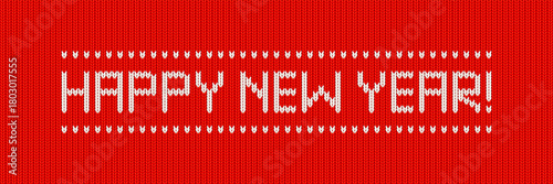 Happy New Year font on knit sweater pattern. Red wool ugly jumper texture with white text. Winter holiday banner with knit background, greeting card or flyer design. Vector realistic illustration